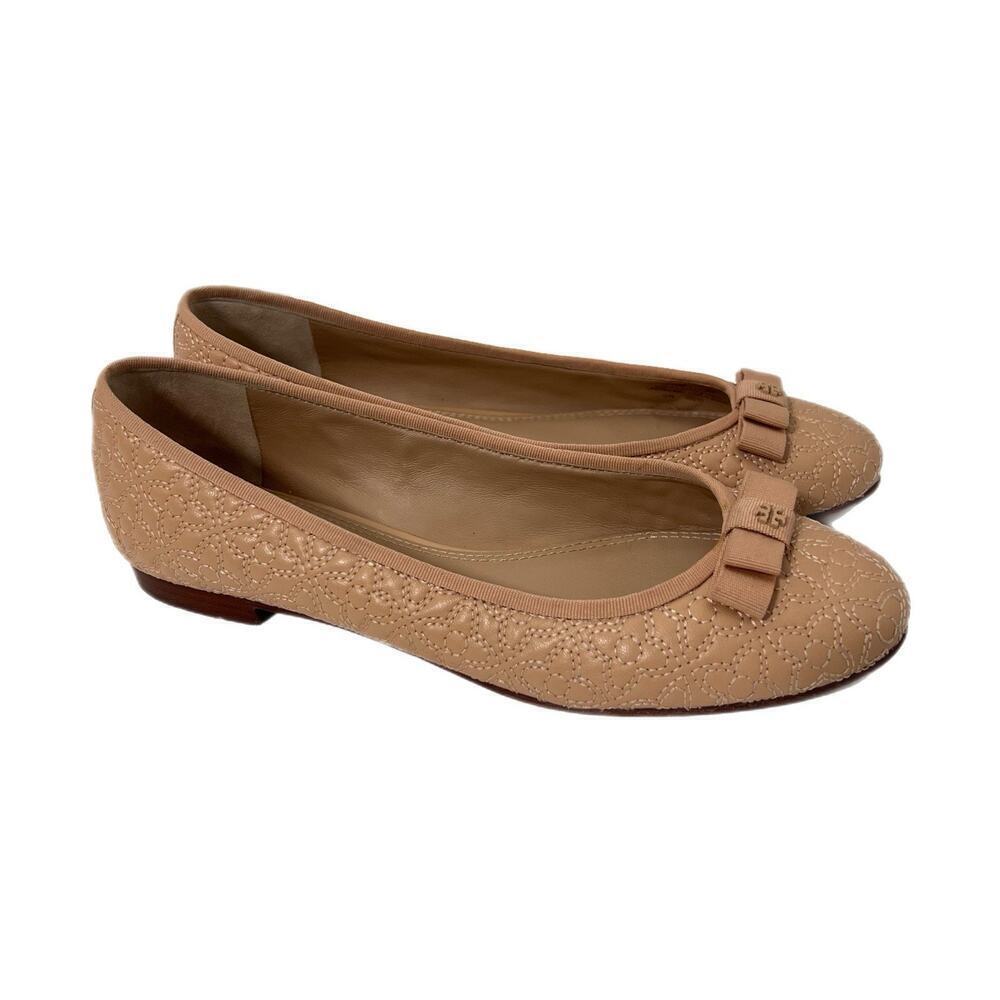 Tory Burch Beige Quilted Ballet Flats with Bow